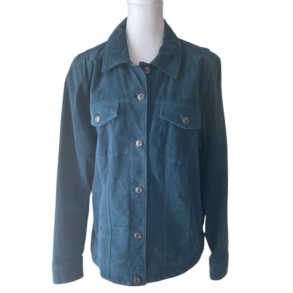 Denim&Co Suede Jacket Fully Lined Mallard Blue sz L gently used great condition